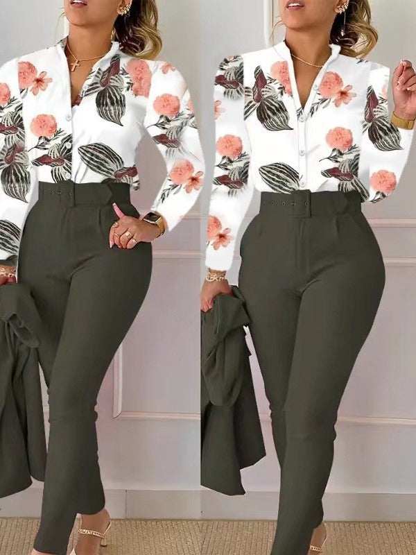 Women’s Two-Piece Outfit with Floral V-Neck Blouse 3