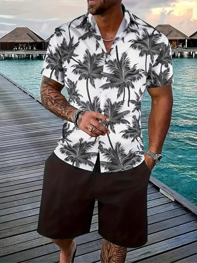 Men’s Sleeve Hawaiian Shirt with Black Palm Tree Print and Shorts Set 7