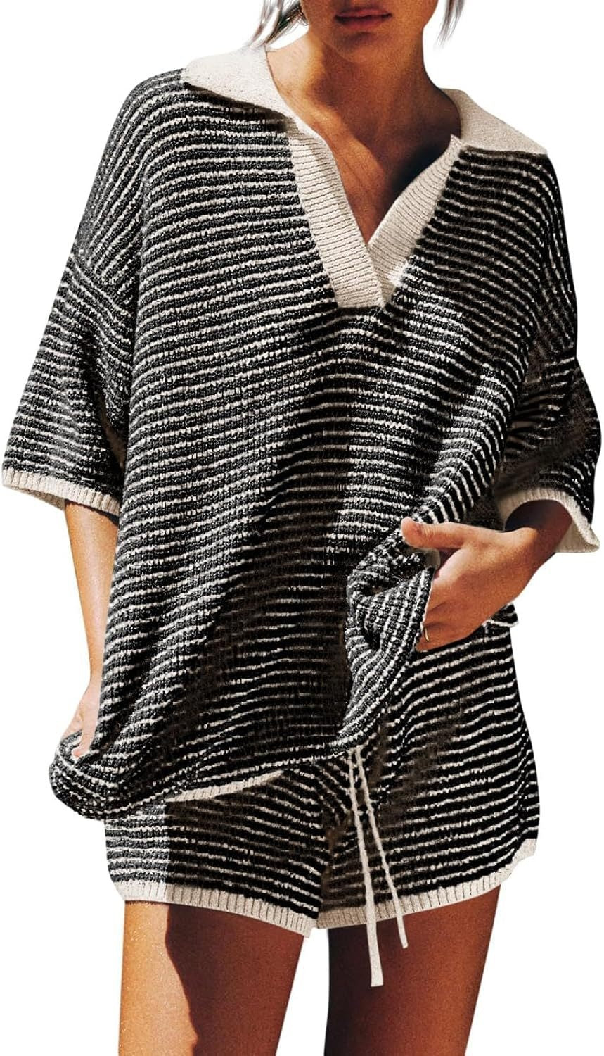 Women’s Green and White Knit Shorts Set with Oversized V-Neck Polo Top 16