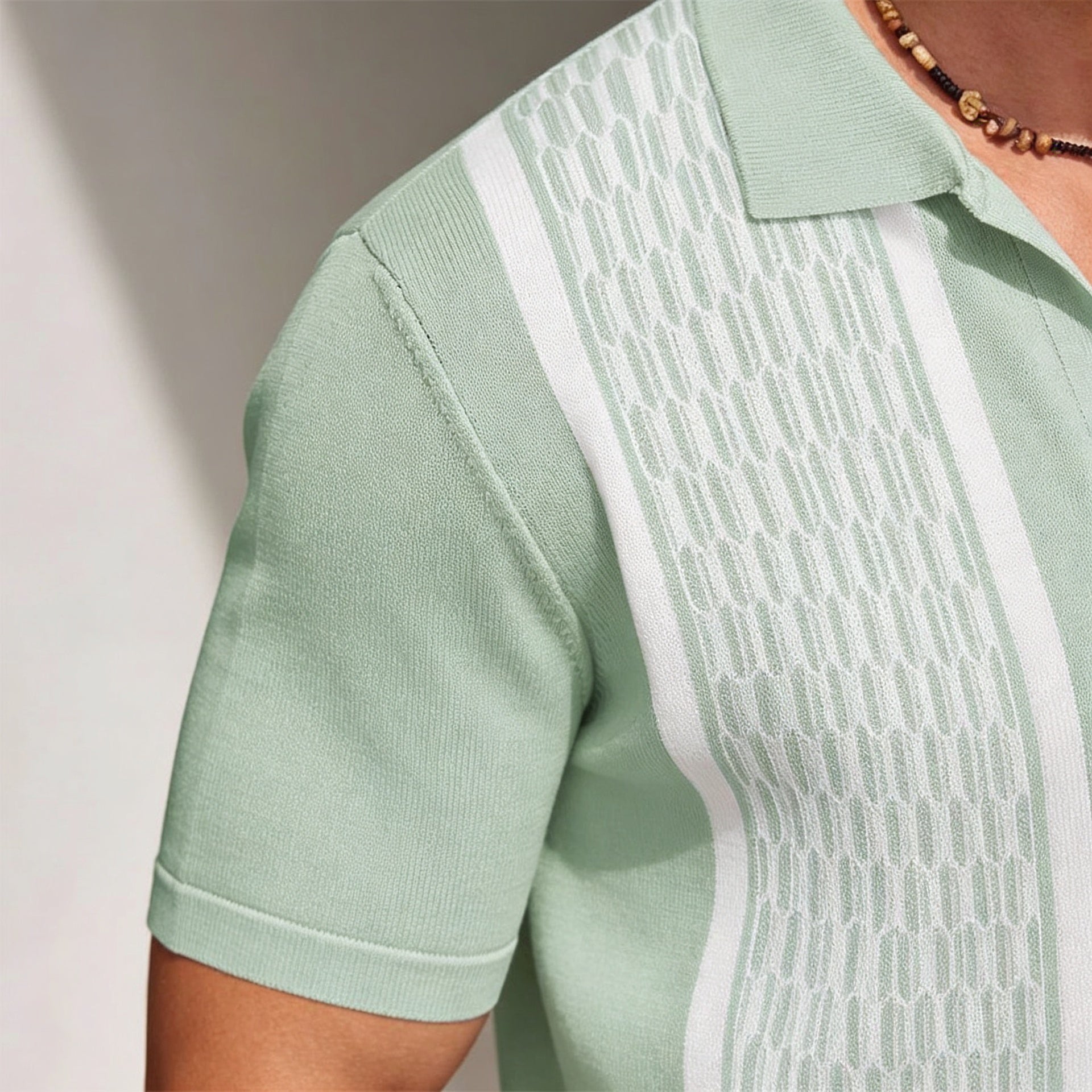 Men’s Textured Short Sleeve Button-Up Polo Shirt with Matching Shorts Set in Mint Green 4