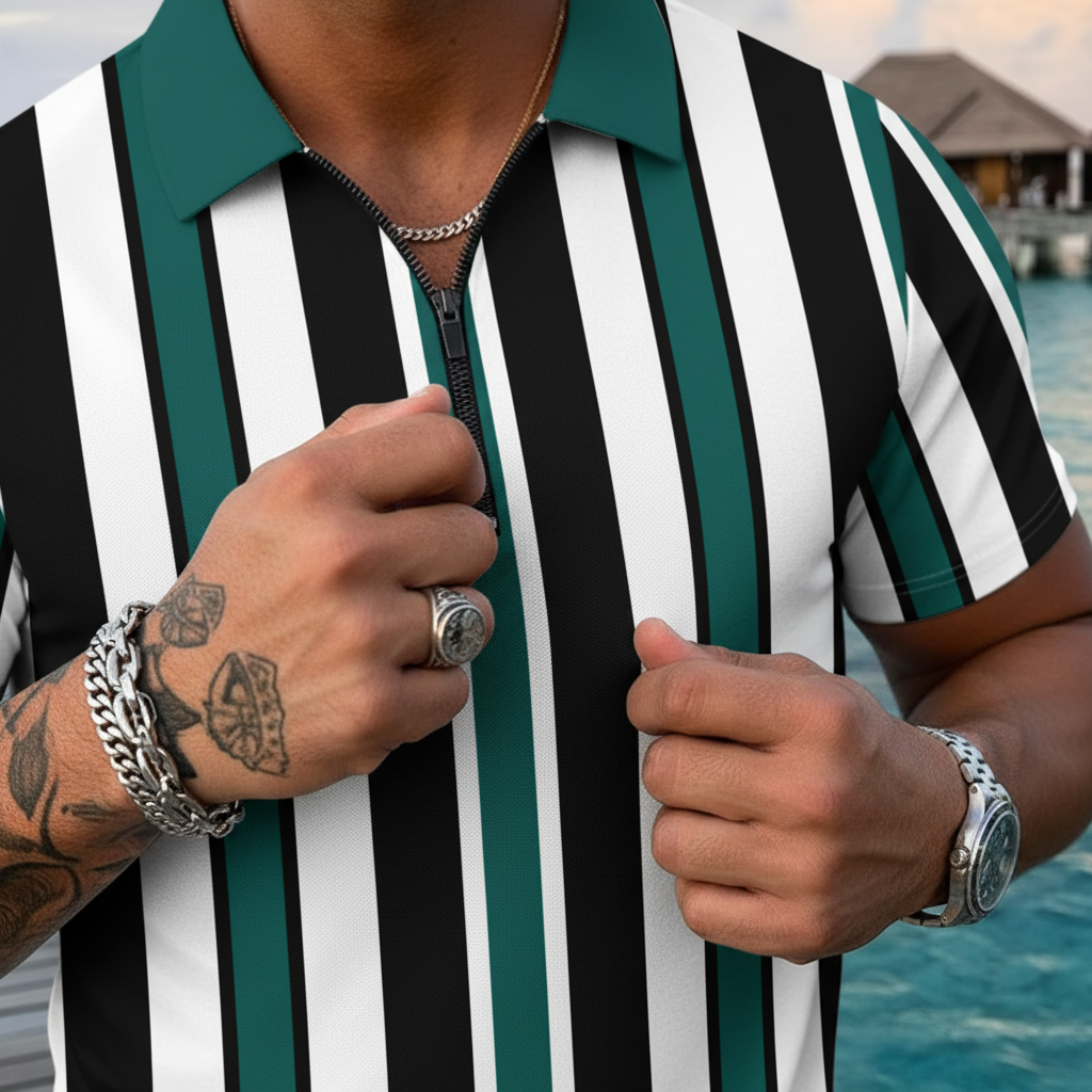 Men’s Green and Black Vertical Stripe Zip Polo Shirt and Shorts Set