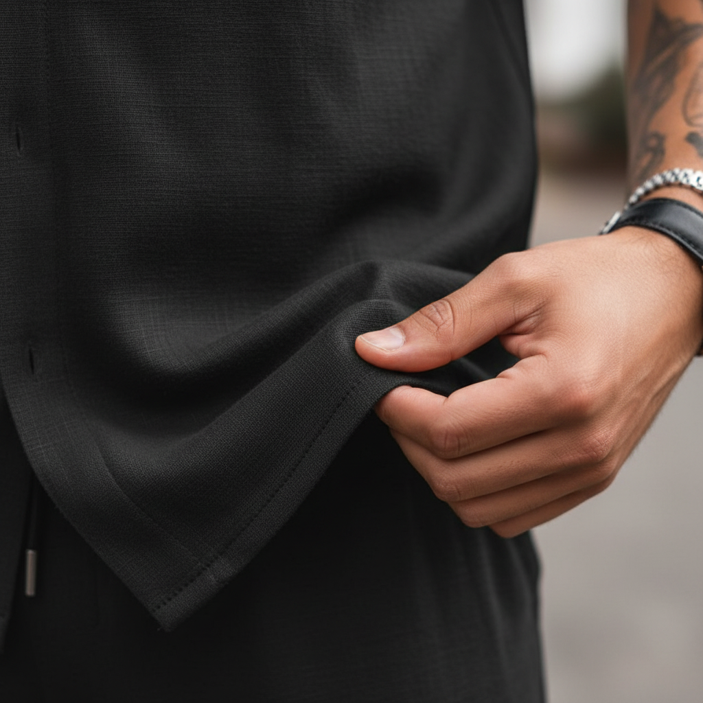 Men’s Ribbed Short Sleeve Button-Up Shirt with Drawstring Pants Set in Gray