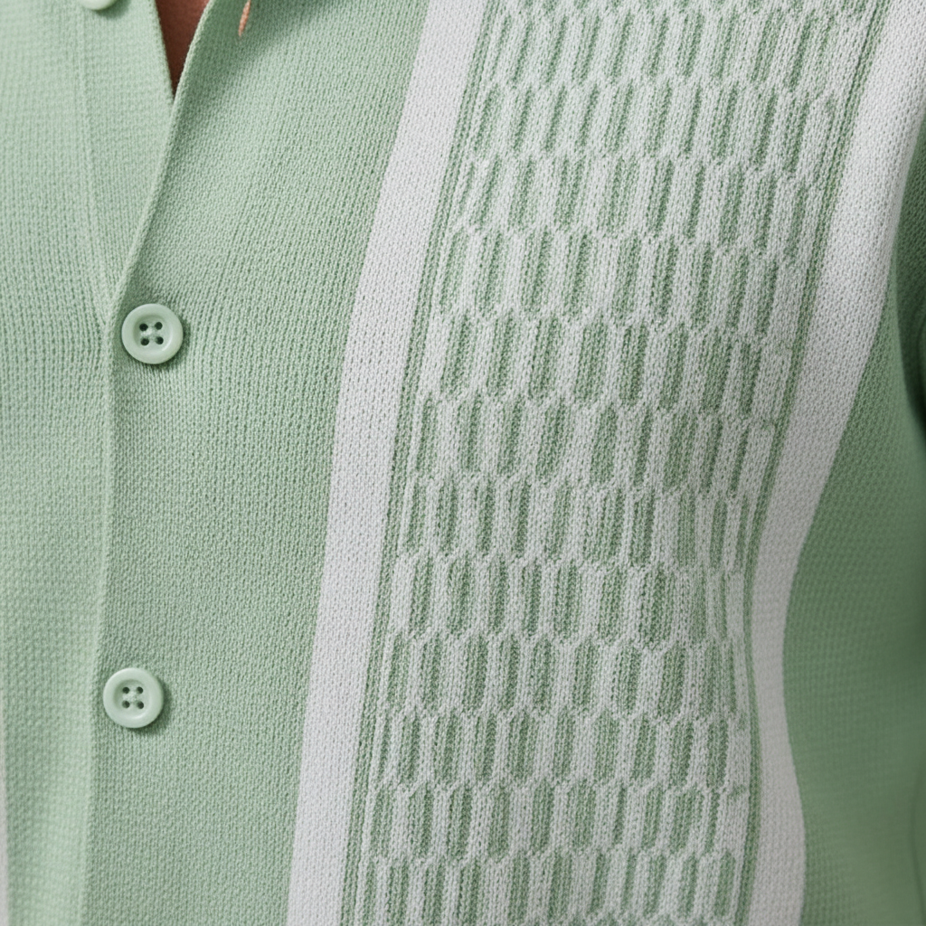 Men’s Textured Short Sleeve Button-Up Polo Shirt with Matching Shorts Set in Mint Green