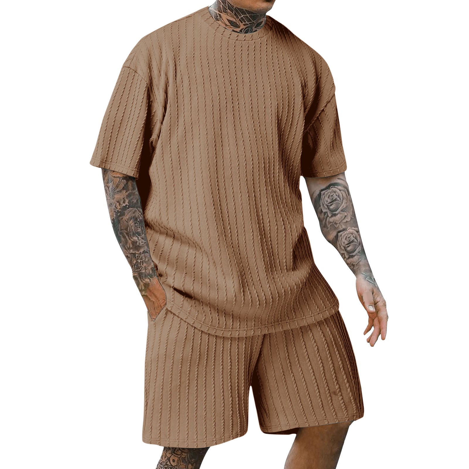 Men’s Summer Wear Ribbed Short Sleeve T-Shirt and Shorts Set 36