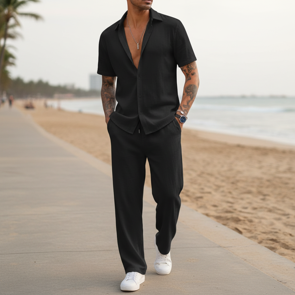 Men’s Ribbed Short Sleeve Button-Up Shirt with Drawstring Pants Set in Gray 5