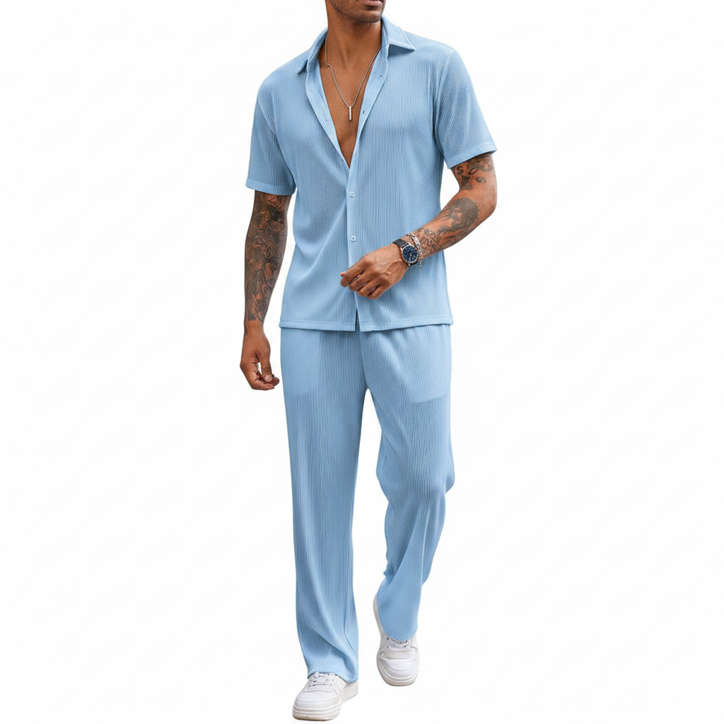 Men’s Ribbed Short Sleeve Button-Up Shirt with Drawstring Pants Set in Gray 17