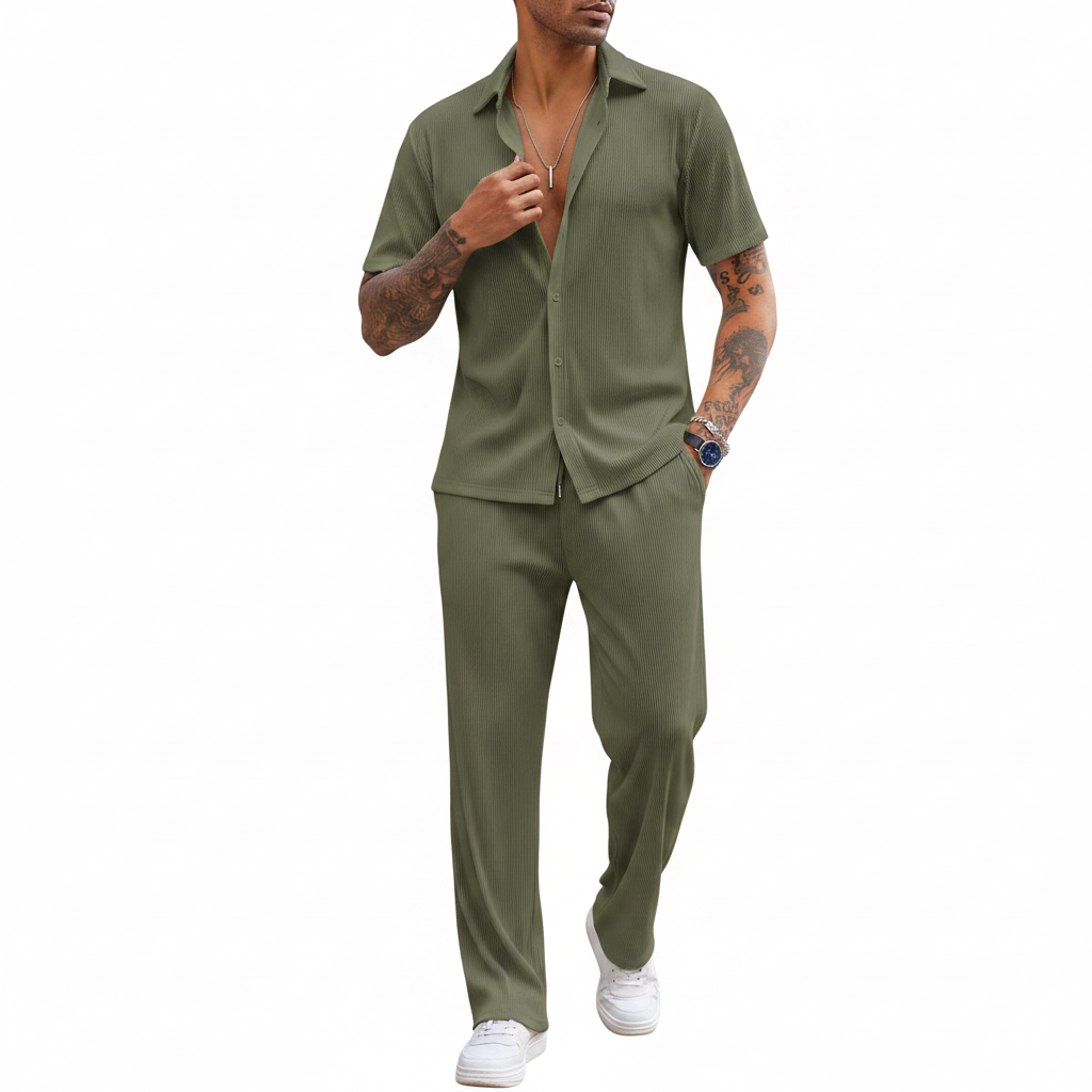 Men’s Ribbed Short Sleeve Button-Up Shirt with Drawstring Pants Set in Gray 9