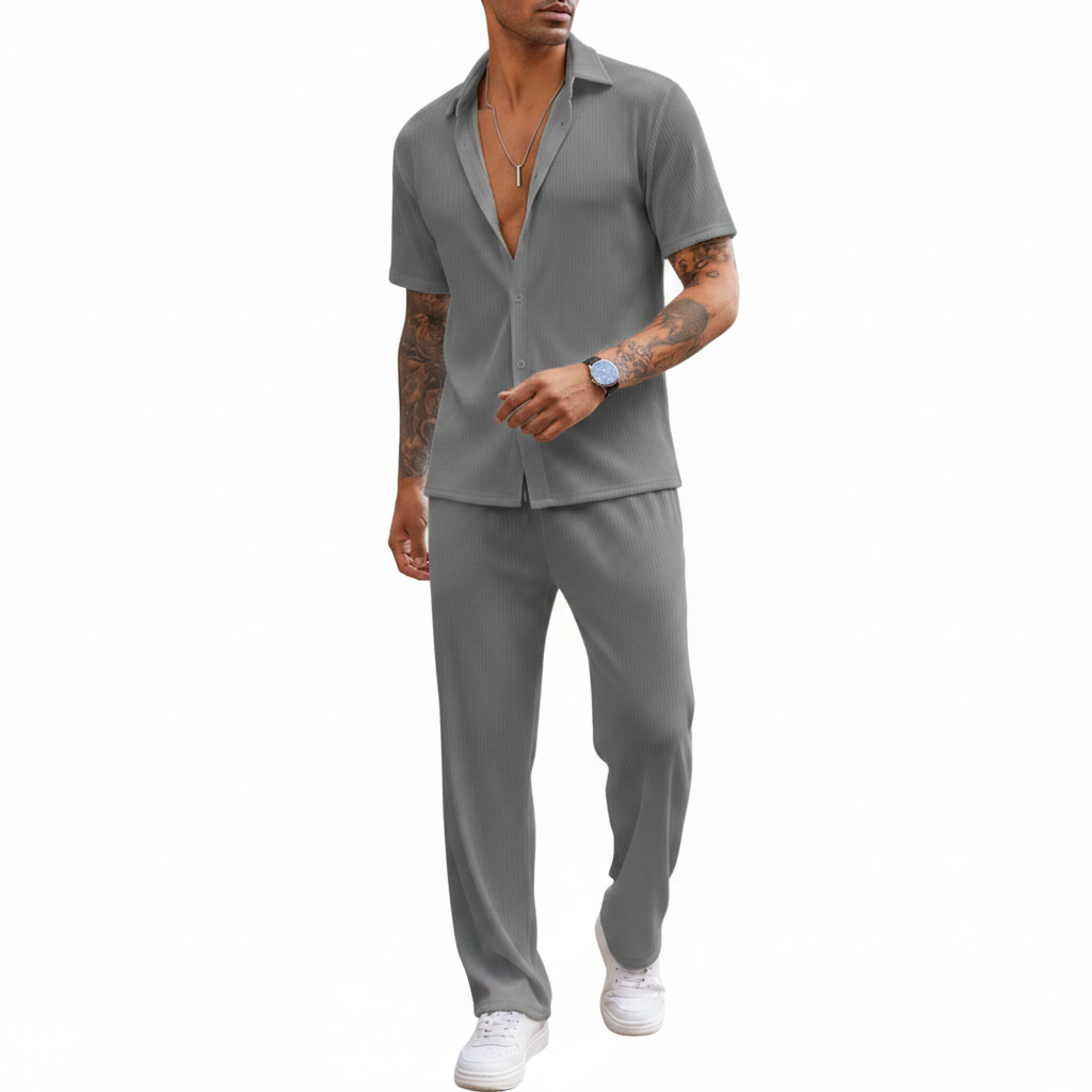 Men’s Ribbed Short Sleeve Button-Up Shirt with Drawstring Pants Set in Gray 15