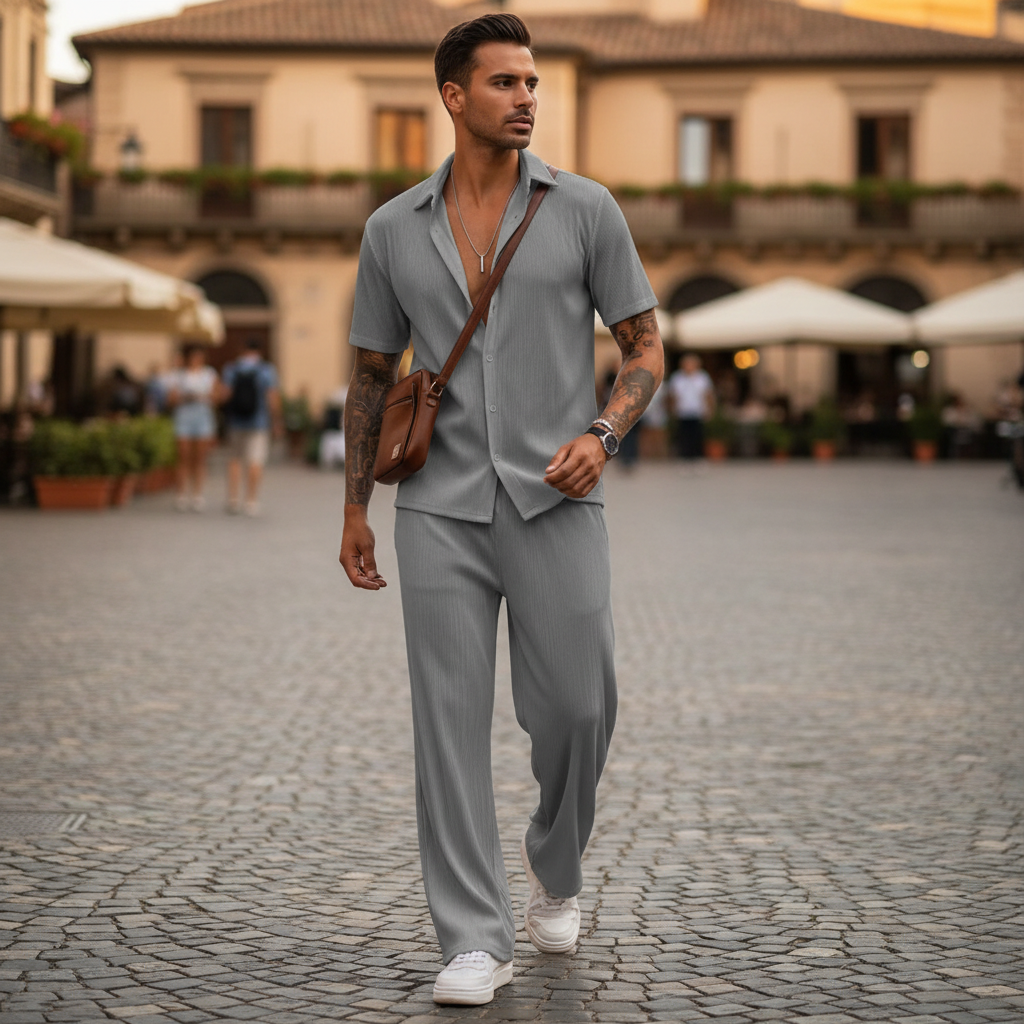 Men’s Ribbed Short Sleeve Button-Up Shirt with Drawstring Pants Set in Gray 14