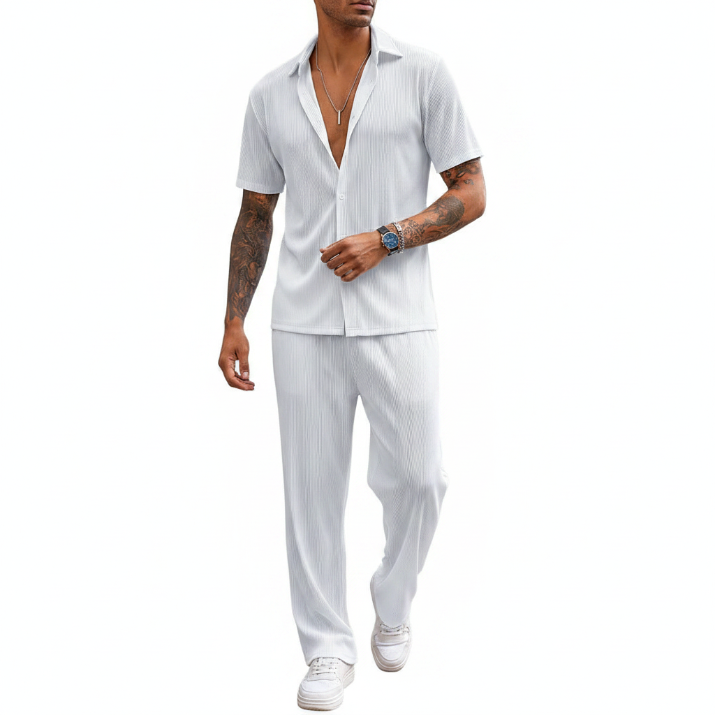 Men’s Ribbed Short Sleeve Button-Up Shirt with Drawstring Pants Set in Gray 11
