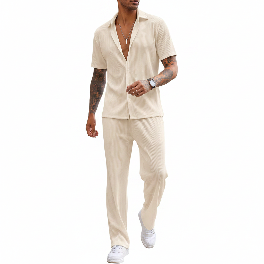Men’s Ribbed Short Sleeve Button-Up Shirt with Drawstring Pants Set in Gray 13