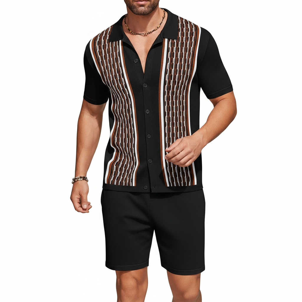 Men’s Textured Short Sleeve Button-Up Polo Shirt with Matching Shorts Set in Mint Green 24