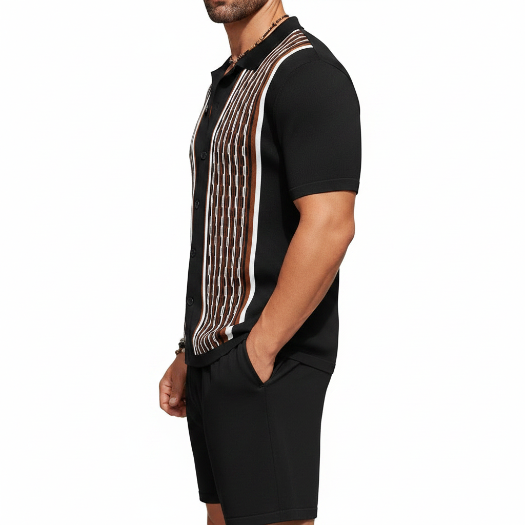 Men’s Textured Short Sleeve Button-Up Polo Shirt with Matching Shorts Set in Mint Green 26