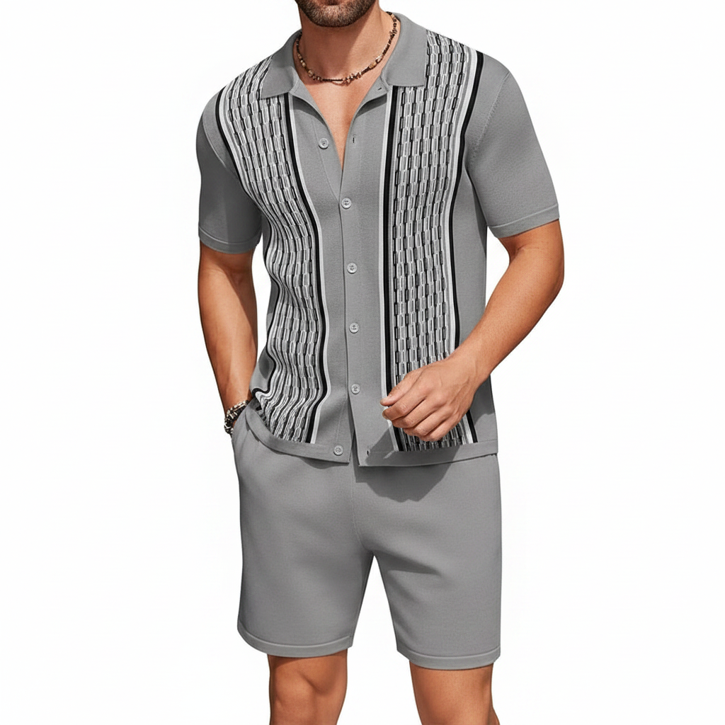 Men’s Textured Short Sleeve Button-Up Polo Shirt with Matching Shorts Set in Mint Green 21