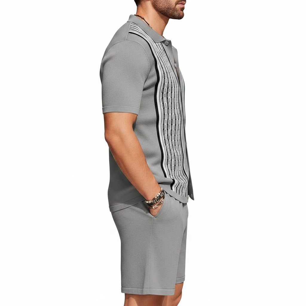 Men’s Textured Short Sleeve Button-Up Polo Shirt with Matching Shorts Set in Mint Green 22