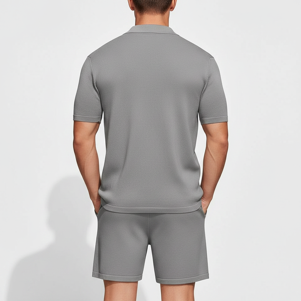 Men’s Textured Short Sleeve Button-Up Polo Shirt with Matching Shorts Set in Mint Green 20