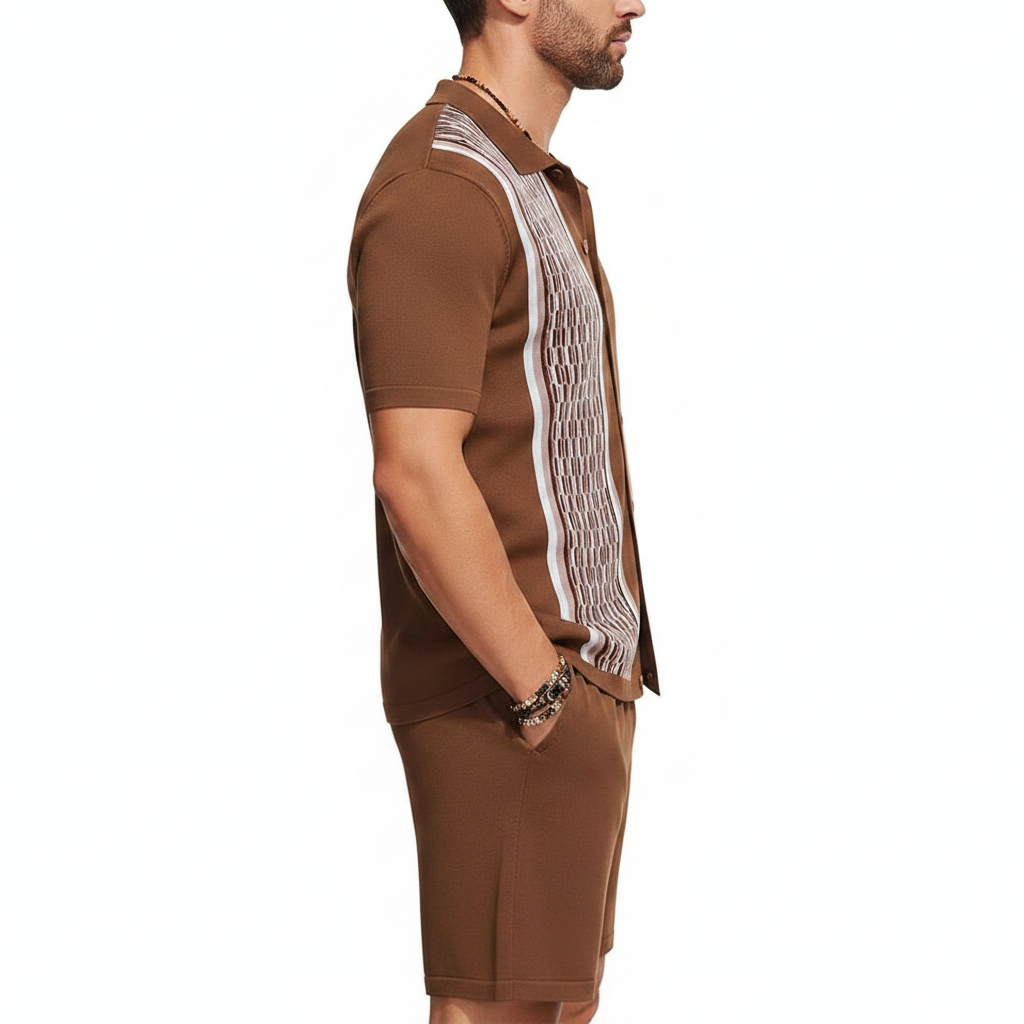 Men’s Textured Short Sleeve Button-Up Polo Shirt with Matching Shorts Set in Mint Green 18