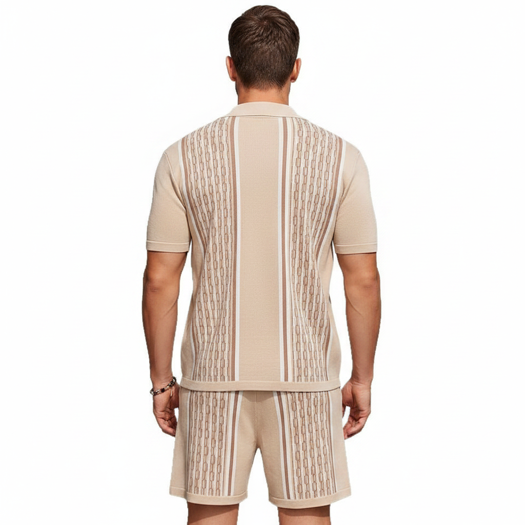 Men’s Textured Short Sleeve Button-Up Polo Shirt with Matching Shorts Set in Mint Green 14