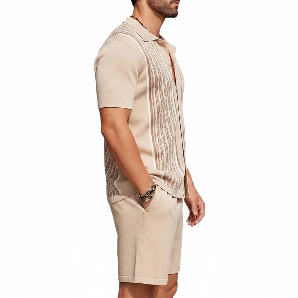 Men’s Textured Short Sleeve Button-Up Polo Shirt with Matching Shorts Set in Mint Green 13