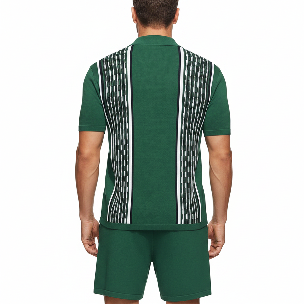 Men’s Textured Short Sleeve Button-Up Polo Shirt with Matching Shorts Set in Mint Green 9
