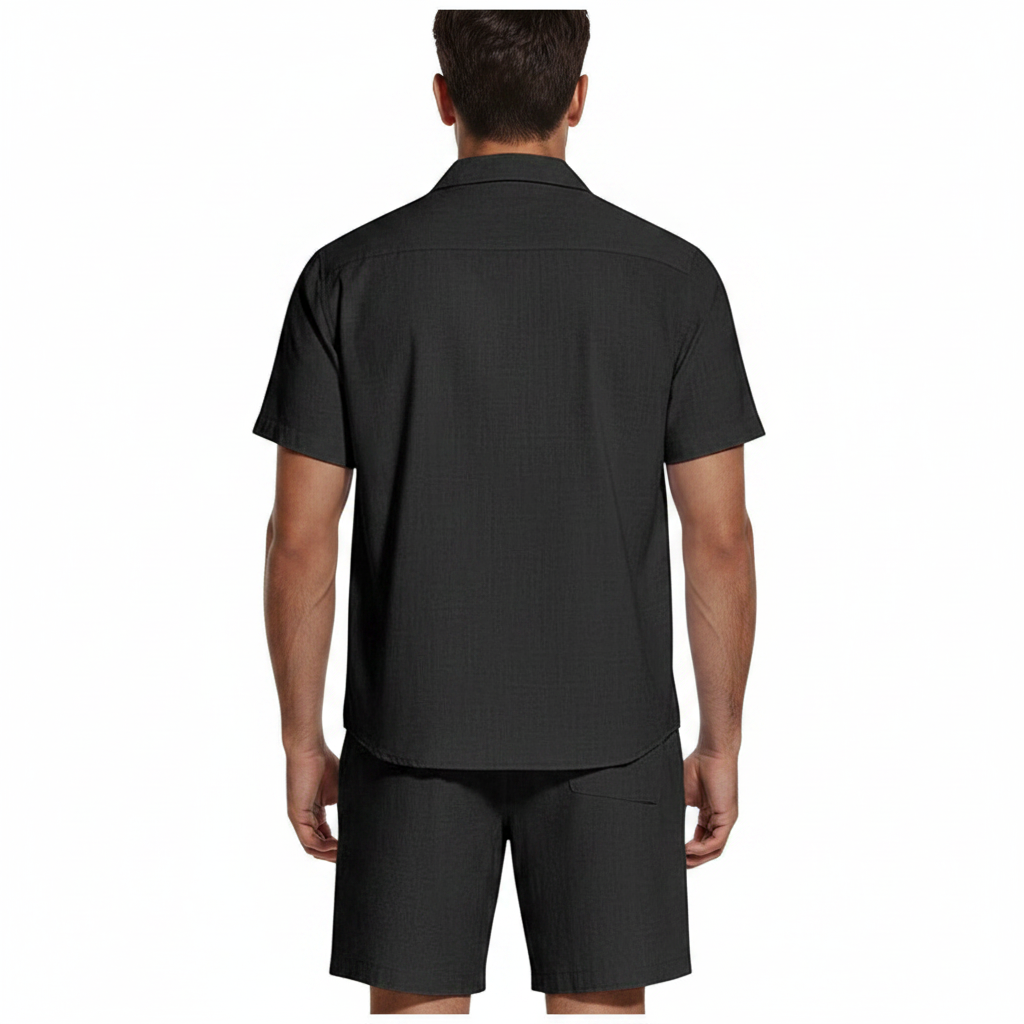 Men’s Short Sleeve Button-Up Shirt with Matching Shorts Set in Solid Colors 27