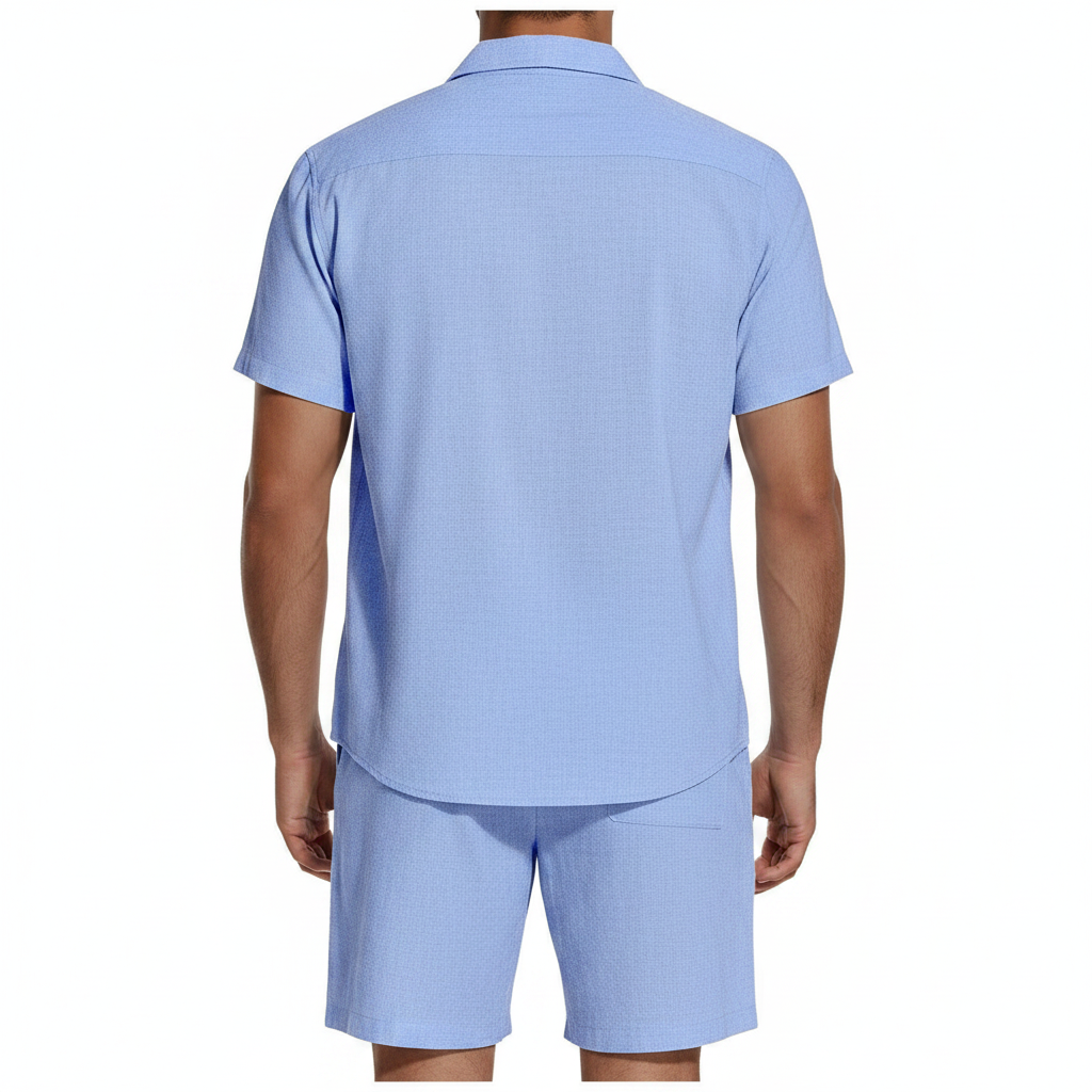 Men’s Short Sleeve Button-Up Shirt with Matching Shorts Set in Solid Colors 23