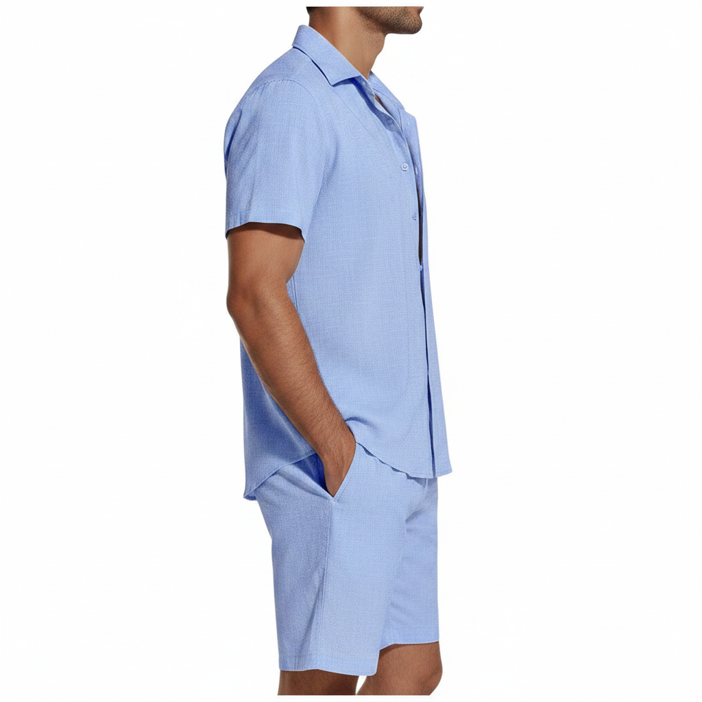 Men’s Short Sleeve Button-Up Shirt with Matching Shorts Set in Solid Colors 22