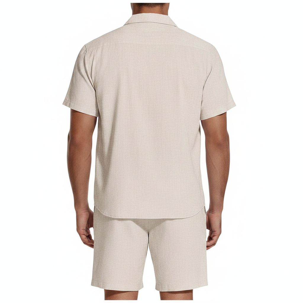 Men’s Short Sleeve Button-Up Shirt with Matching Shorts Set in Solid Colors 18