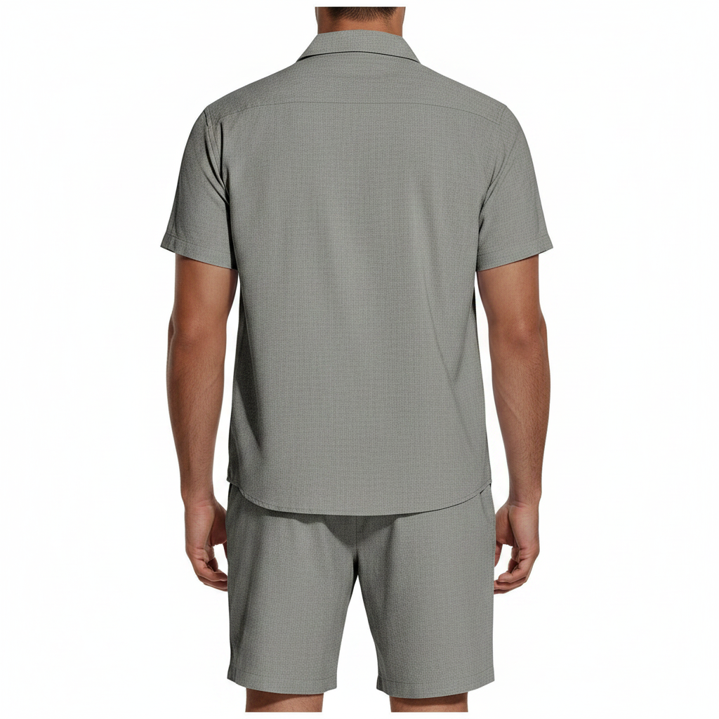 Men’s Short Sleeve Button-Up Shirt with Matching Shorts Set in Solid Colors 14