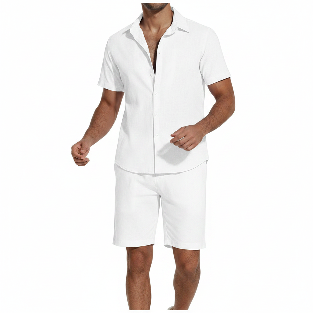 Men’s Short Sleeve Button-Up Shirt with Matching Shorts Set in Solid Colors 9