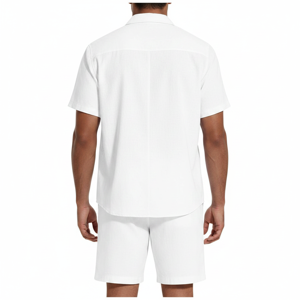 Men’s Short Sleeve Button-Up Shirt with Matching Shorts Set in Solid Colors 10