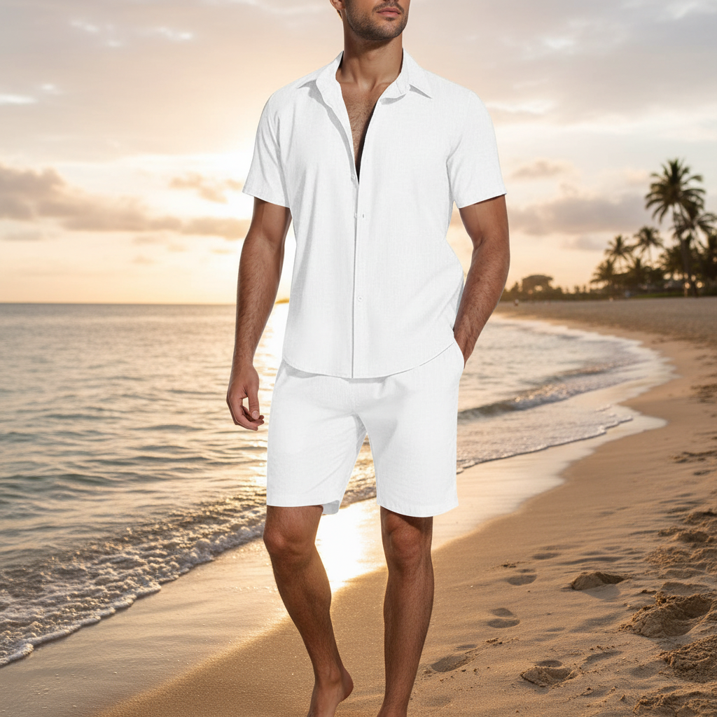 Men’s Short Sleeve Button-Up Shirt with Matching Shorts Set in Solid Colors 12