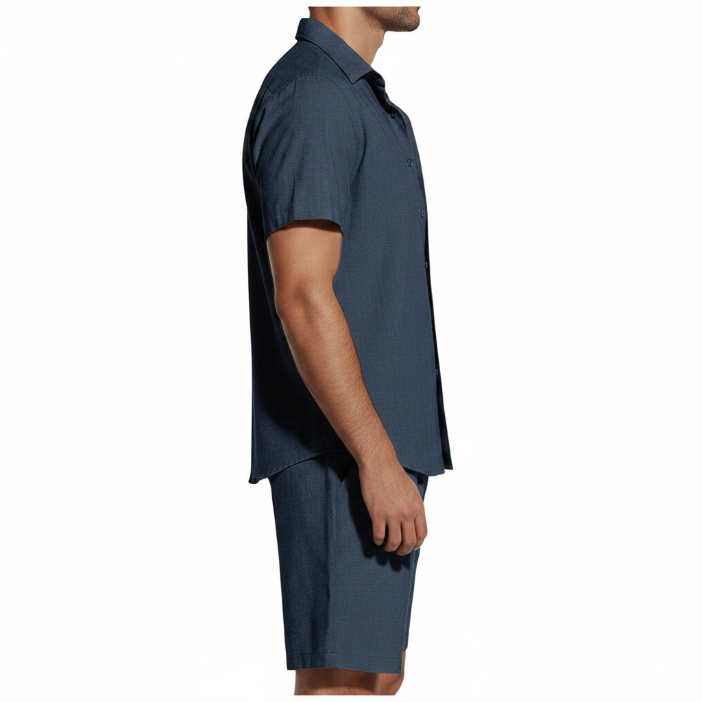 Men’s Short Sleeve Button-Up Shirt with Matching Shorts Set in Solid Colors 6