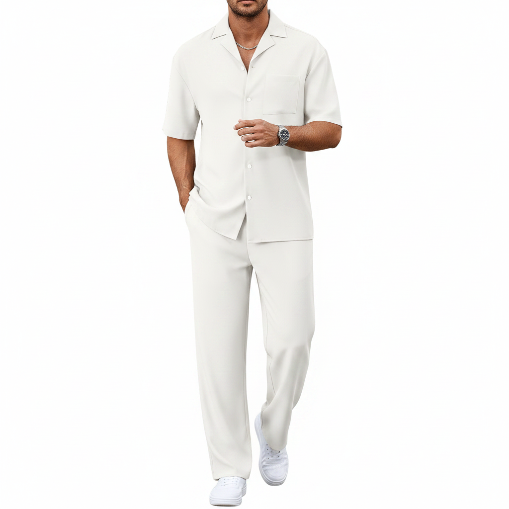 Men’s Short Sleeve Button-Up Shirt with Relaxed Fit Pants Set in Black 21