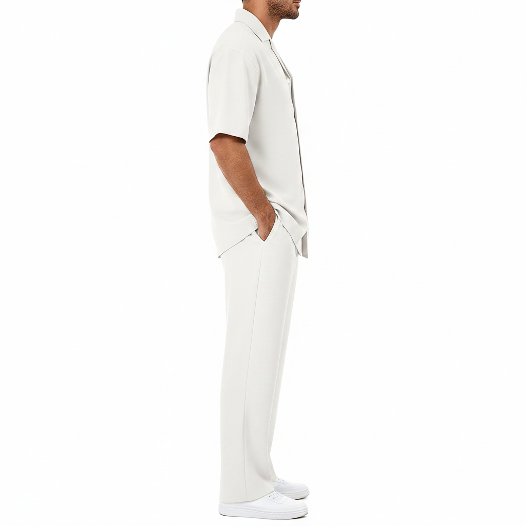 Men’s Short Sleeve Button-Up Shirt with Relaxed Fit Pants Set in Black 23