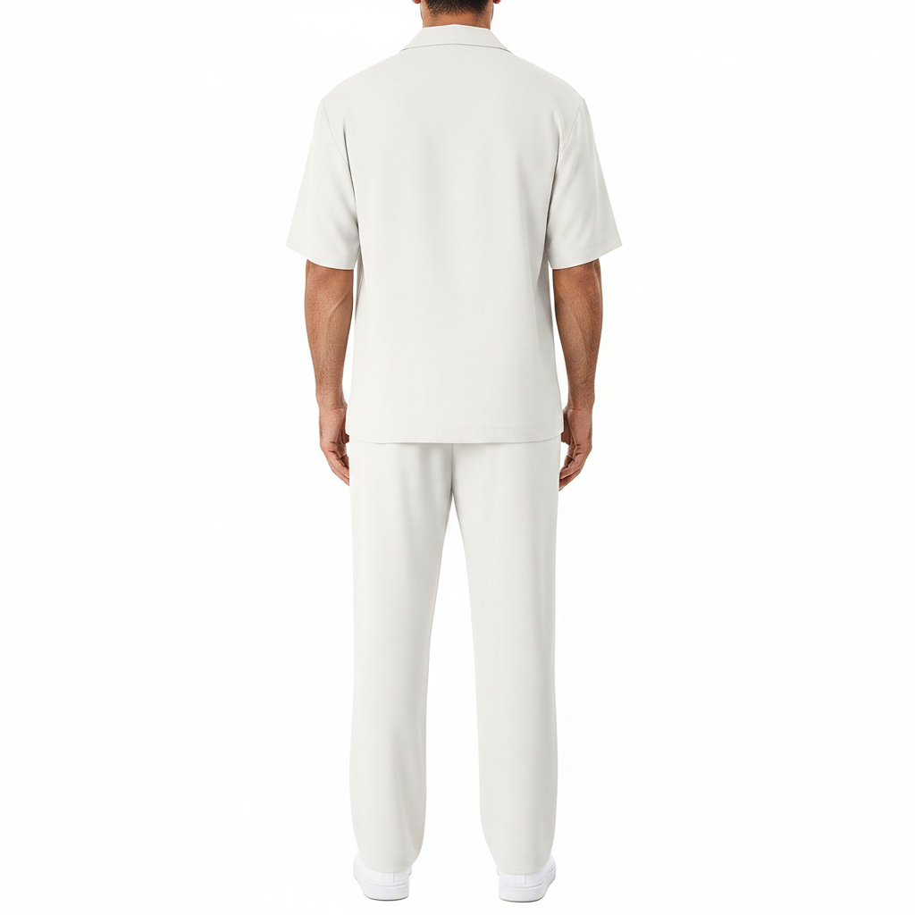 Men’s Short Sleeve Button-Up Shirt with Relaxed Fit Pants Set in Black 22