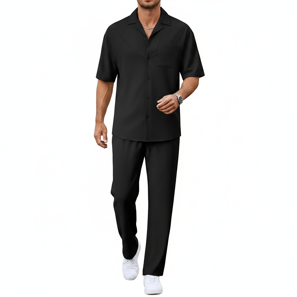 Men’s Short Sleeve Button-Up Shirt with Relaxed Fit Pants Set in Black 17