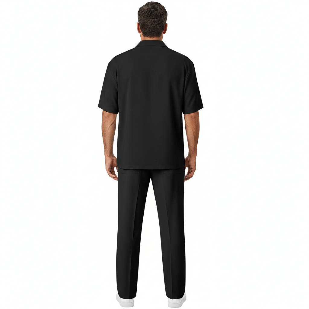 Men’s Short Sleeve Button-Up Shirt with Relaxed Fit Pants Set in Black 18