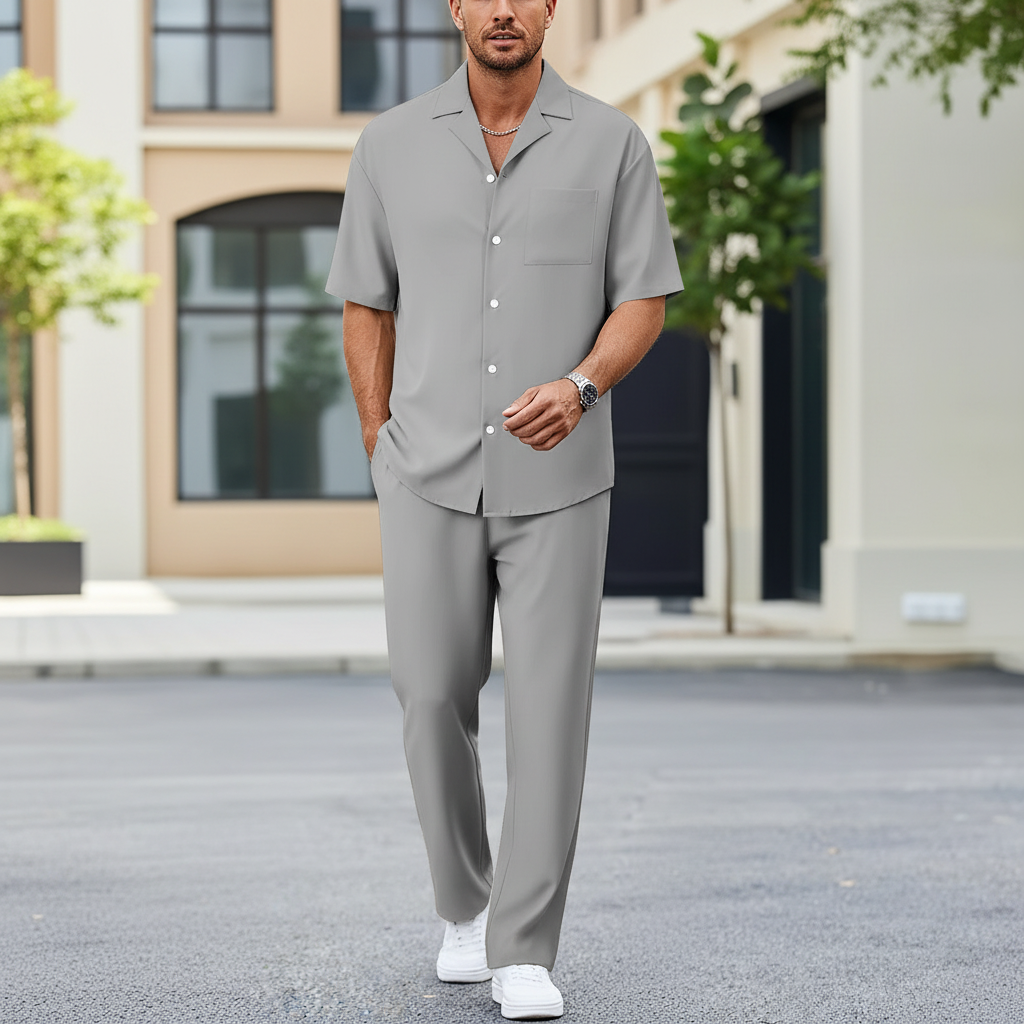 Men’s Short Sleeve Button-Up Shirt with Relaxed Fit Pants Set in Black 8