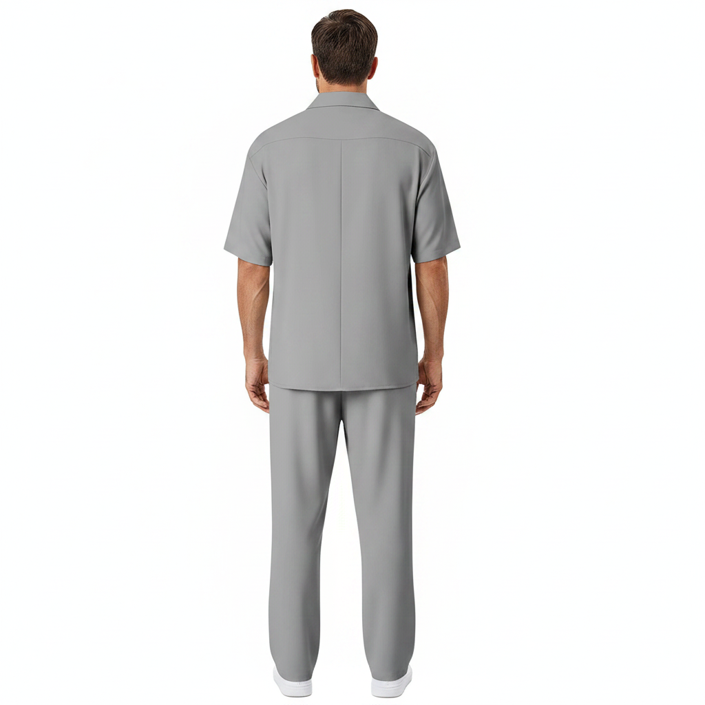 Men’s Short Sleeve Button-Up Shirt with Relaxed Fit Pants Set in Black 5