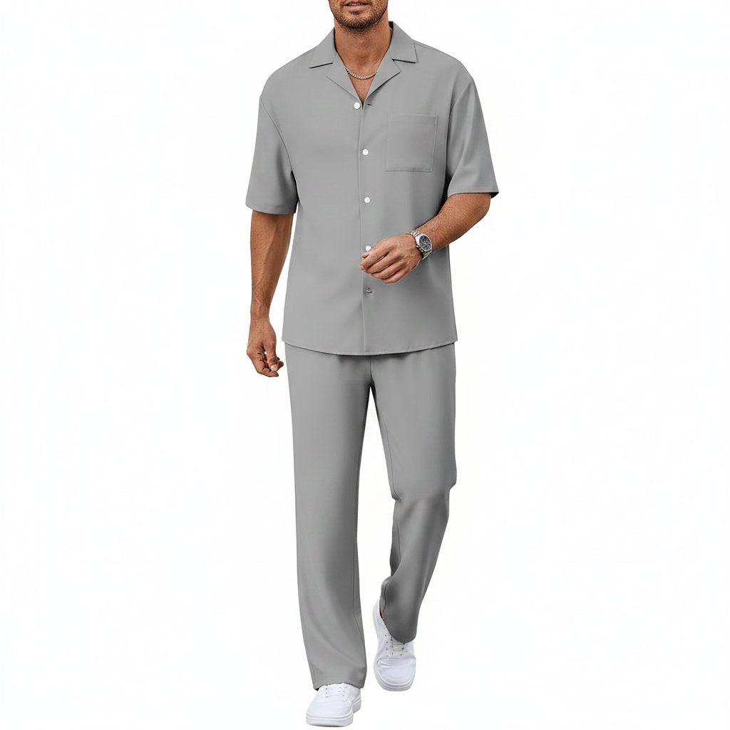Men’s Short Sleeve Button-Up Shirt with Relaxed Fit Pants Set in Black