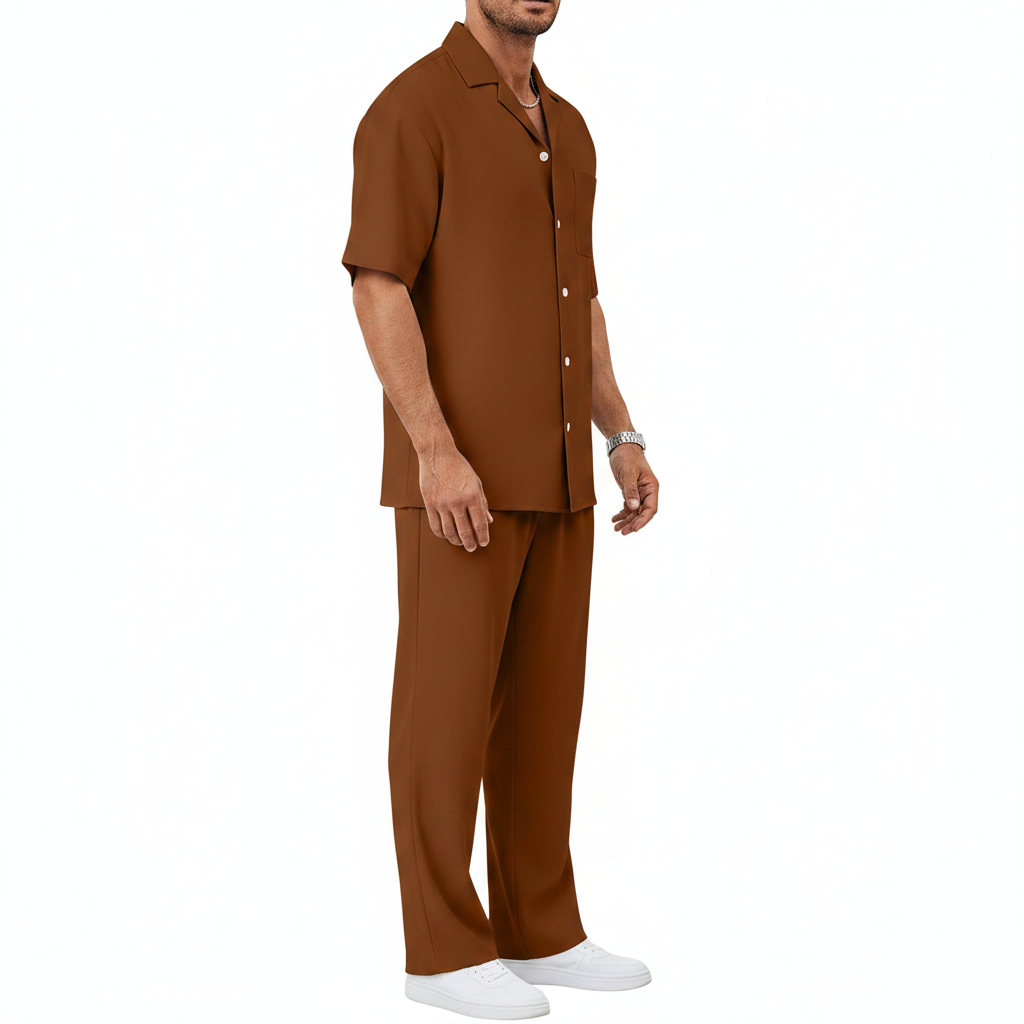 Men’s Short Sleeve Button-Up Shirt with Relaxed Fit Pants Set in Black 11