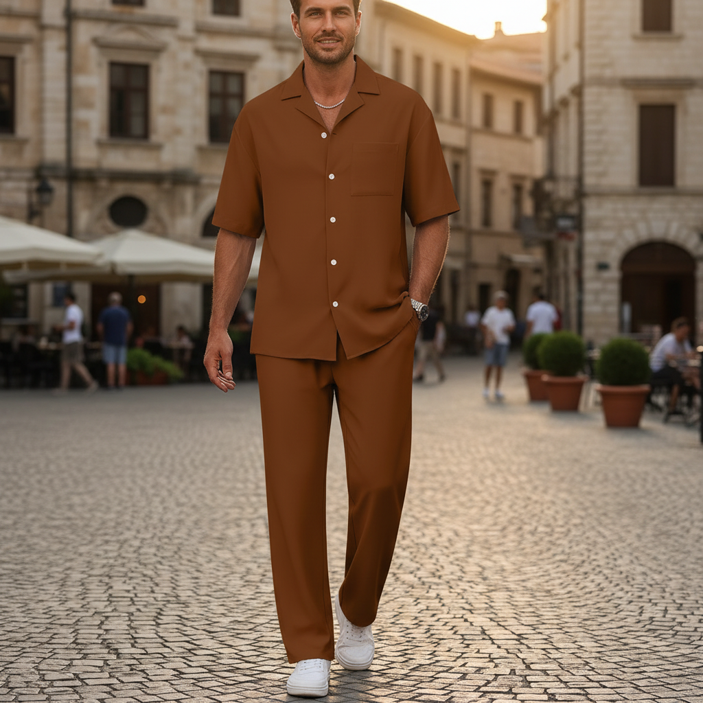 Men’s Short Sleeve Button-Up Shirt with Relaxed Fit Pants Set in Black 12