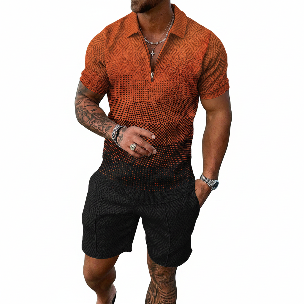 Men’s Color Block Zip Polo Shirt with Matching Shorts Set 67