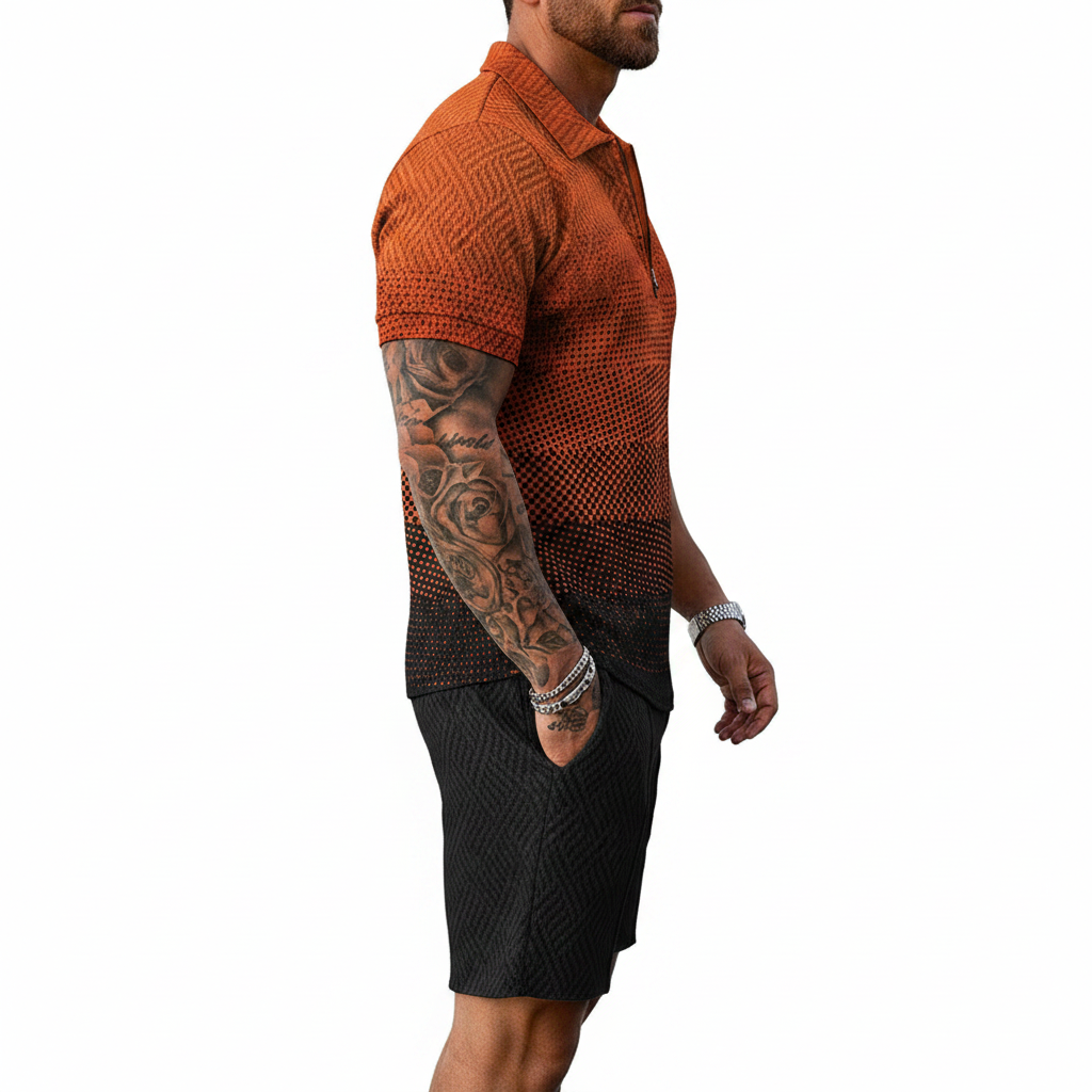 Men’s Color Block Zip Polo Shirt with Matching Shorts Set 66