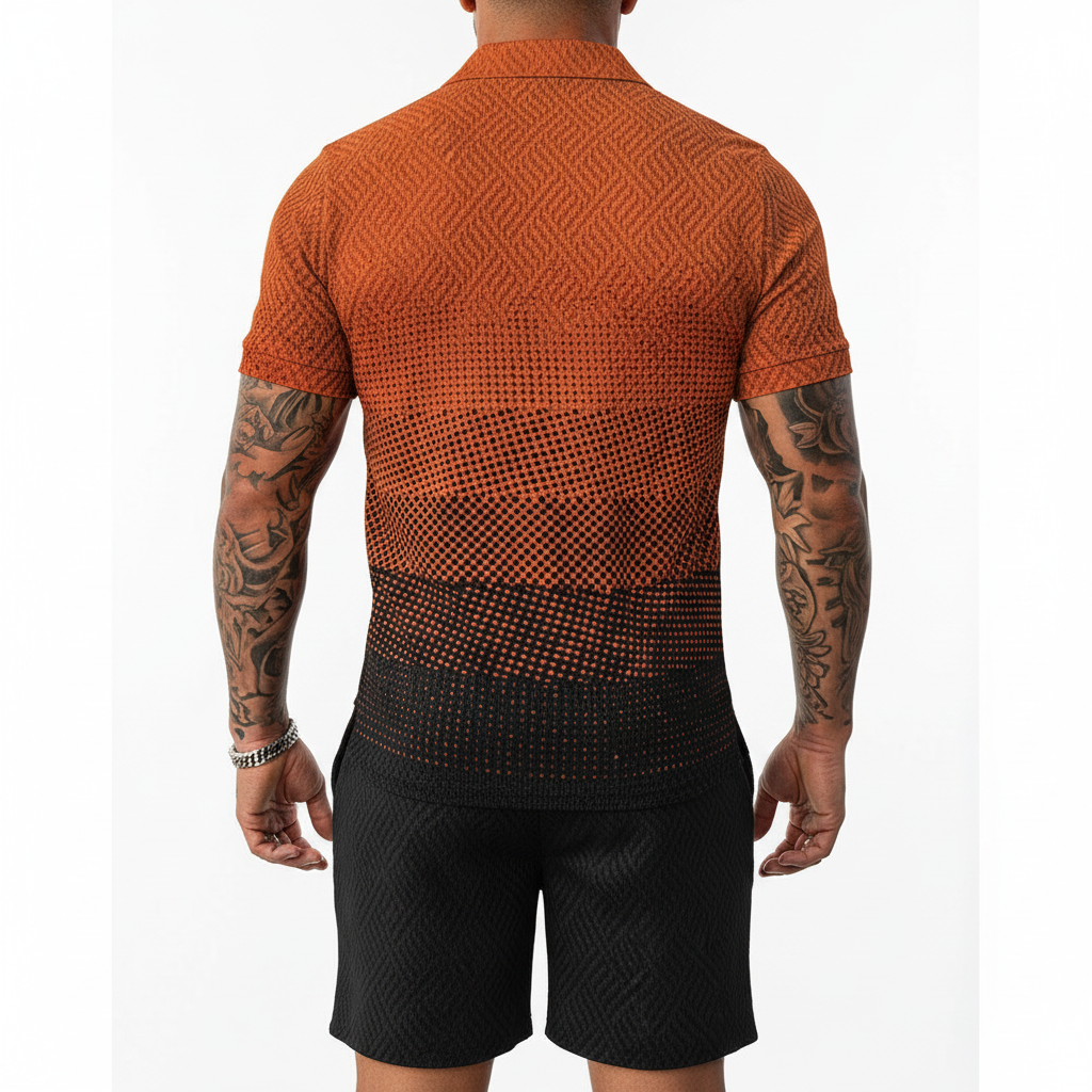 Men’s Color Block Zip Polo Shirt with Matching Shorts Set 65