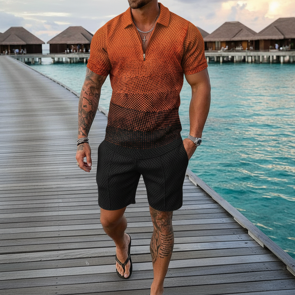 Men’s Color Block Zip Polo Shirt with Matching Shorts Set 64