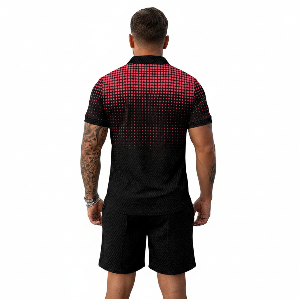 Men’s Color Block Zip Polo Shirt with Matching Shorts Set 61
