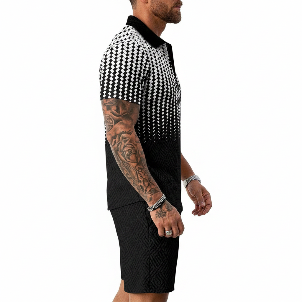 Men’s Color Block Zip Polo Shirt with Matching Shorts Set 54