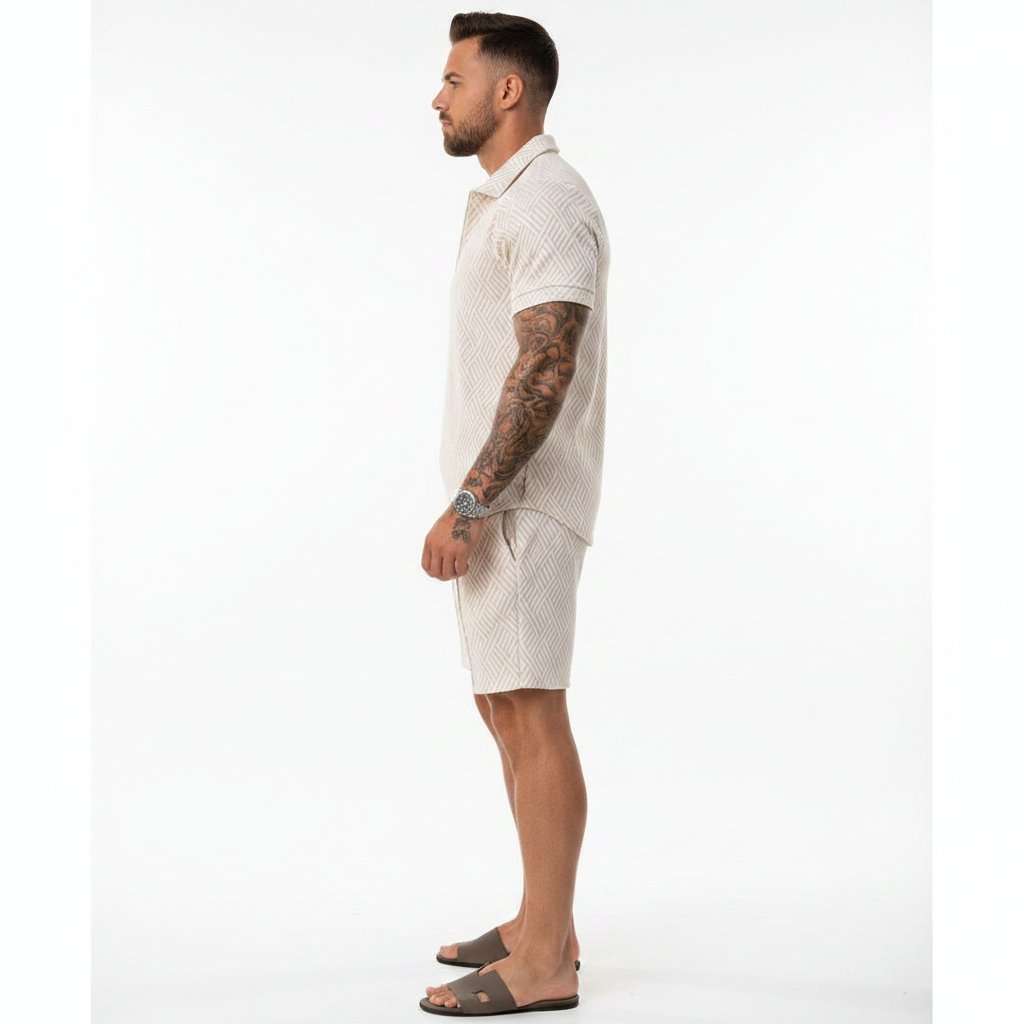 Men’s Color Block Zip Polo Shirt with Matching Shorts Set 50